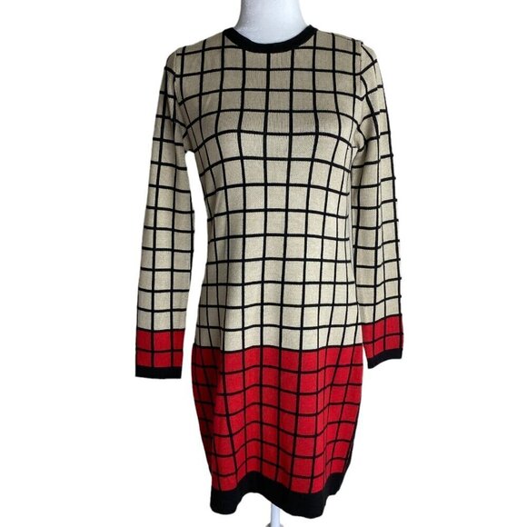 J Howard Windowpane Print Long Sleeve Sweater Dress Red Cream Black Women's Sz S - Picture 9 of 9